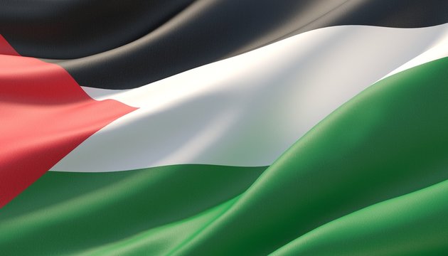 Waved highly detailed close-up flag of Palestine. 3D illustration.