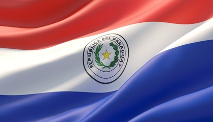 Fototapeta premium Waved highly detailed close-up flag of Paraguay. 3D illustration.