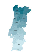Vector isolated illustration of simplified administrative map of Portugal. Borders and names of the regions. Colorful blue khaki silhouettes