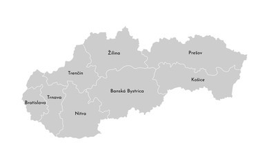 Obraz premium Vector isolated illustration of simplified administrative map of Slovakia. Borders and names of the provinces (regions). Grey silhouettes. White outline