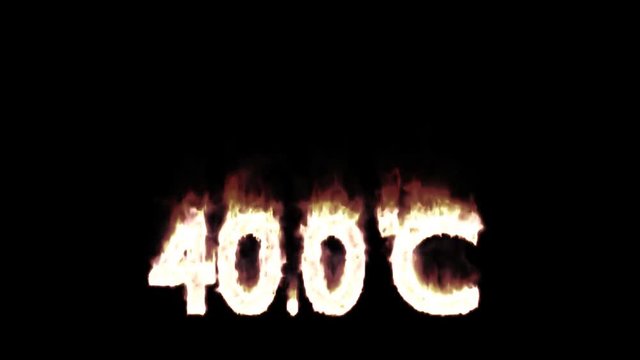 Animated burning or engulf in flames all caps text 40 Degree Celsius. Isolated and against black background, mask included.