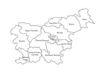 Vector isolated illustration of simplified administrative map of Slovenia. Borders and names of the regions. Black line silhouettes