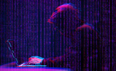 Hacker working with laptop in dark room with digital interface around. Image with glitch effect.