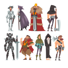 Medieval Historical Cartoon Characters in Traditional Costumes Set, Warrior, King, Knight, Old Wizard, Monk, Executioner Vector Illustration