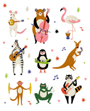 Collection of Cute Cartoon Animals Musicians Characters Playing Various Musical Instruments Vector Illustration
