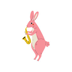 Pink Playing Saxophone, Cute Cartoon Animal Musician Character Playing Musical Instrument Vector Illustration