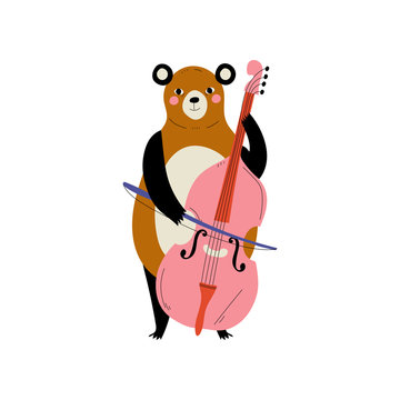 Bear Playing Cello, Cute Cartoon Animal Musician Character Playing Stringed Musical Instrument Vector Illustration