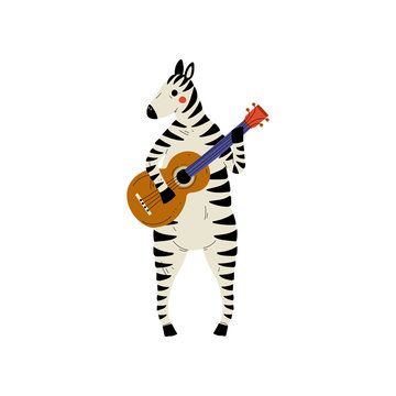 Zebra Playing Guitar, Cute Cartoon Animal Musician Character Playing Acoustic Musical Instrument Vector Illustration
