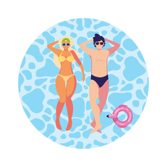 young couple with swimsuit floating in water