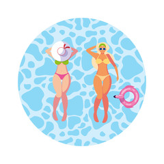 beautiful girls couple with swimsuits floating in water