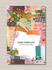 Creative card template with different colorful shapes and textures. Collage. Modern abstract print.