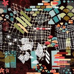 Seamless abstract pattern with different elements, scribbles, shapes. Trendy print.