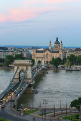 Fototapeta na wymiar Beautiful top view of the sights of Budapest, Chain Bridge and St. Stephen's Basilica, Budapest, Hungary,