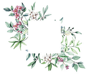 Leaf frame border. Watercolor hand painting floral illustration. Leaves, plant, branch isolated on white background. 