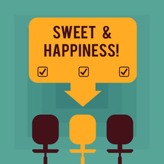 Conceptual hand writing showing Sweet And Happiness. Business photo text feeling that comes over when you know life is good Space Color Arrow Pointing to One of the Three Swivel Chairs