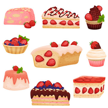 Set strawberry cupcakes. Vector illustration on white background.