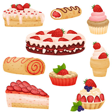 Set of various strawberry pies. Vector illustration on white background.