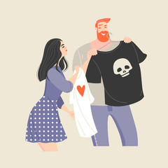 Funny cartoon couple choosing a shirt in the store
