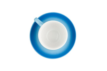 Single empty blue ceramic cup with handle on circle saucer isolated on white background. Top view. Clipping path