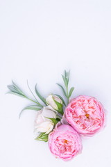 Floral arrangement, web banner with pink English roses, ranunculus, carnation flowers and green leaves on white table background. Flat lay, top view. Wedding or birthday styled stock photography.