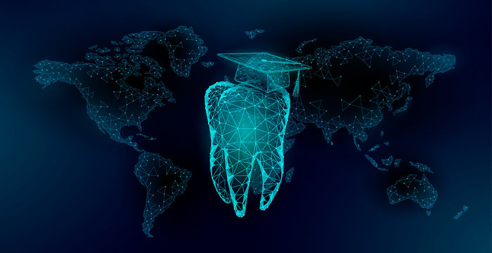 E-learning distance medicine dental graduate certificate program concept. Low poly 3D render graduation cap tooth World map banner template. Internet education course degree vector illustration