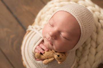 Sweet newborn baby sleeps in a basket. Beautiful newborn boy with bear toy