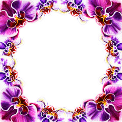 Beautiful frame from orchid flowers. Watercolor painting. Exotic plant. Floral print. Botanical composition. Wedding and birthday. Greeting card. Flower painted background. Hand drawn illustration.