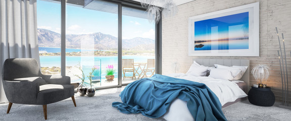 Bedroom with Panoramic Sea View by Daylight - 3d visualization