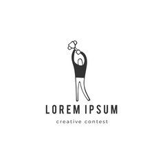 Fototapeta premium A man with the winners cup, symbol of victory. Vector hand drawn logo.