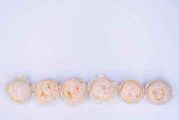 Floral arrangement, web banner with pink English roses, ranunculus, carnation flowers and green leaves on white table background. Flat lay, top view. Wedding or birthday styled stock photography.