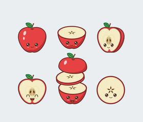 Apple set drawn cute kawaii food faces