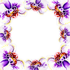 Beautiful frame from orchid flowers. Watercolor painting. Exotic plant. Floral print. Botanical composition. Wedding and birthday. Greeting card. Flower painted background. Hand drawn illustration.