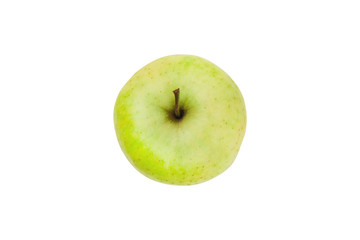 One whole fresh raw apple of green color with branch isolated on white background