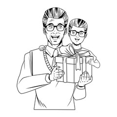 man carrying a boy with a gift box black and white