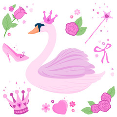 A beautiful pink princess swan, a magic wand, tiaras, flowers and ribbons. Vector fairy tale set © stockakia