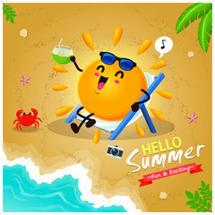 Obraz na płótnie Canvas Vintage summer poster design with vector sun & sunglasses characters.
