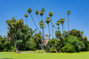 Eutrophication pond and a historical building