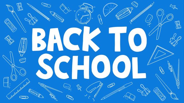 Back To School blueprint doodle animation. Handwritten typescript with various stationary tools. 4K video of school supplies fading into frame. For retail marketing promotion, education, and business