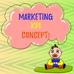 Conceptual hand writing showing Marketing Kpi Concept. Business photo showcasing measure efficiency of campaigns in marketing channels Baby Sitting on Rug Pacifier Book and Cloud Speech Bubble
