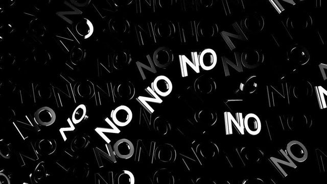 Many abstract neon no words flowing slowly on black background, denial concept. Animation. White glowing capital letters moving diagonally with light glares, monochrome.