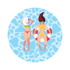 girls with swimsuit and lifeguard float in water