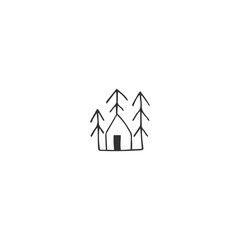 Hand drawn vector icon, a house in a forest among the trees. Property rental theme.