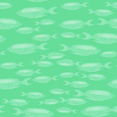 Hand drawn seamless pattern in watercolor sea world natural element. Fish in green monochrome