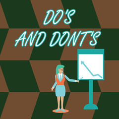Word writing text Do S Is And Dont S Is. Business photo showcasing advising Rules or customs concerning some activity Businesswoman Holding Stick Pointing to Chart of Arrow Upward on Whiteboard