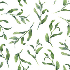 watercolor seamless pattern with green tiny leaves on white background