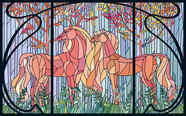 Stained glass horses of color patches in the frame of Art Nouveau style. Imitation colored glass