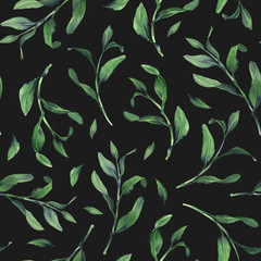 watercolor seamless pattern with green tiny leaves on dark background