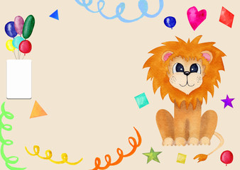 Cute greeting card for kids with lion. birthday invitation with place for text with beige background.