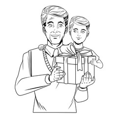 man carrying a boy with a gift box black and white vector illustration