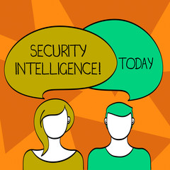 Word writing text Security Intelligence. Business photo showcasing protecting an organization from threats and risks Blank Faces of Male and Female with Colorful Blank Speech Bubble Overlaying